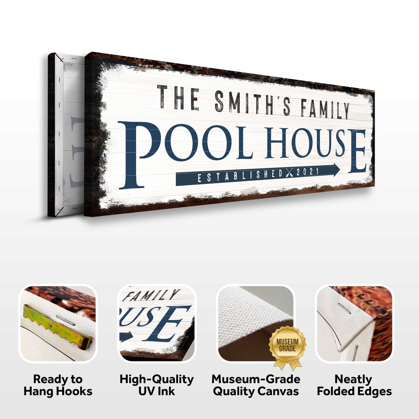 Family Pool House sign canvas with distressed white backdrop and navy lettering brown border on Tampa Home & Garden Store