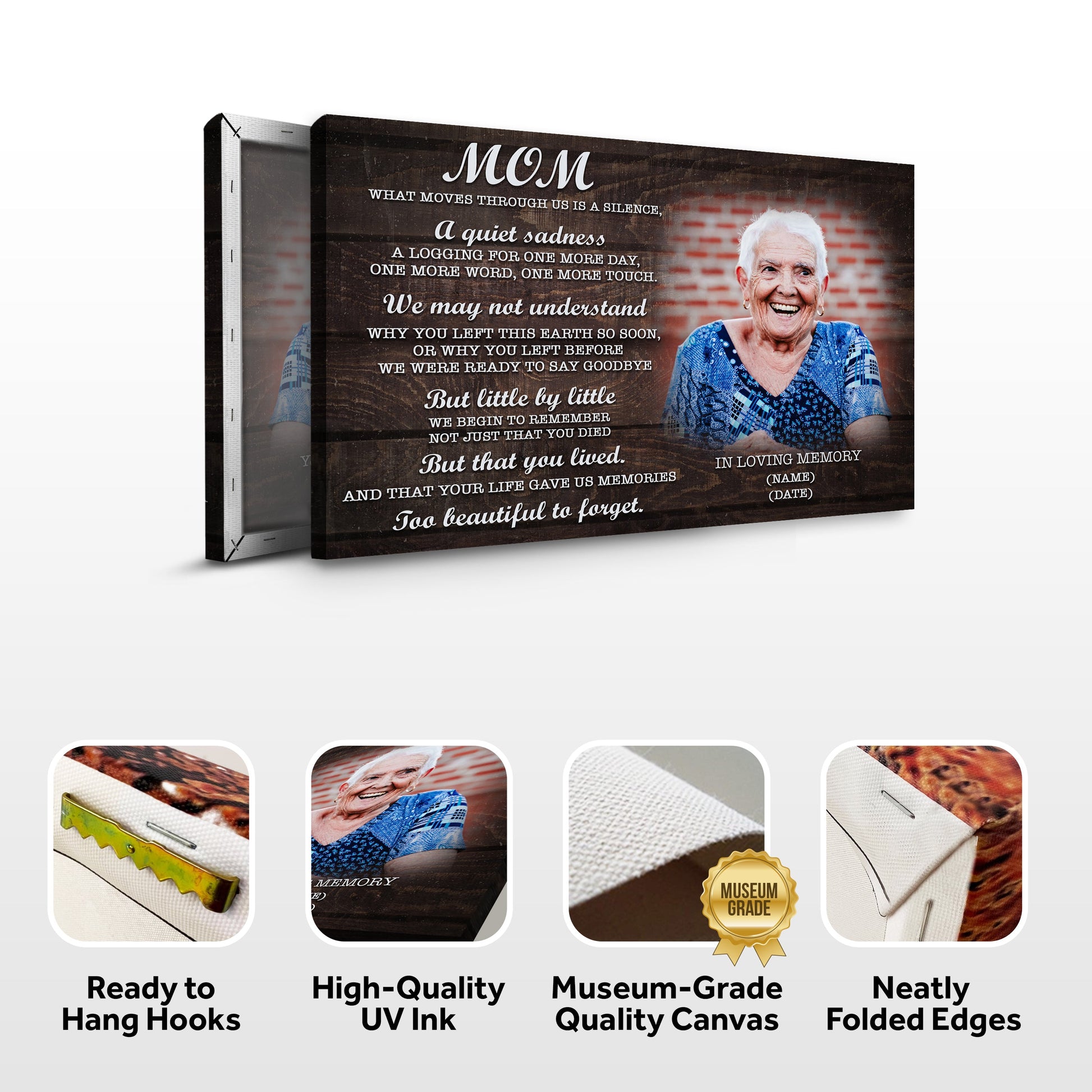 Canvas print Mom You're Too Beautiful To Forget wood backdrop, smiling woman Tailored Canvases on Tampa Home & Garden Store