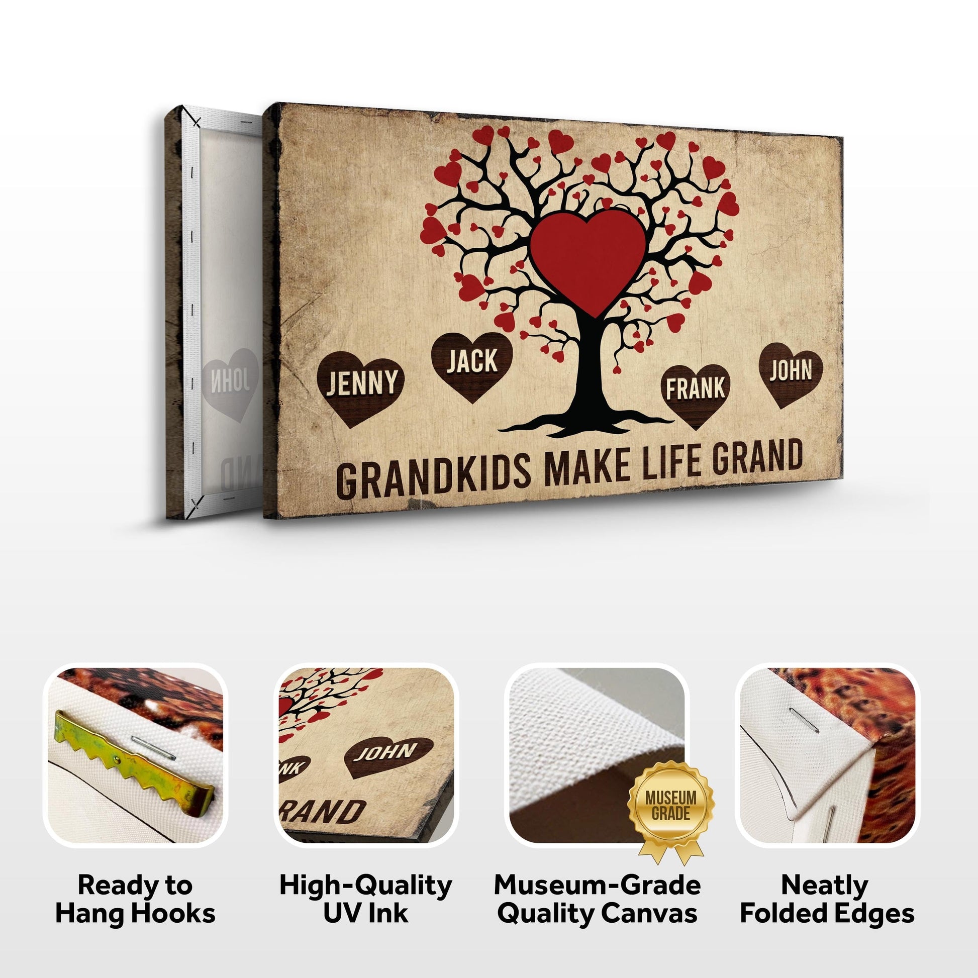 Grandkids Make Life Grand Sign canvas beige with black tree and red hearts on Tampa Home & Garden Store