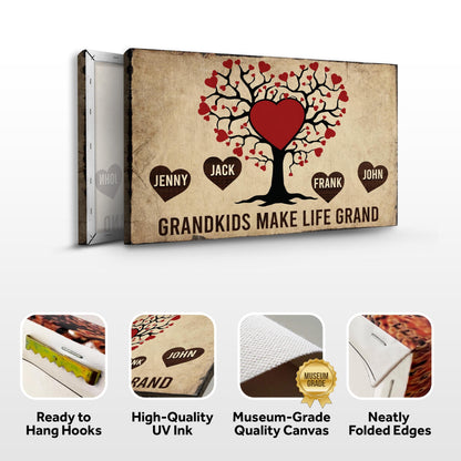 Grandkids Make Life Grand Sign canvas beige with black tree and red hearts on Tampa Home & Garden Store