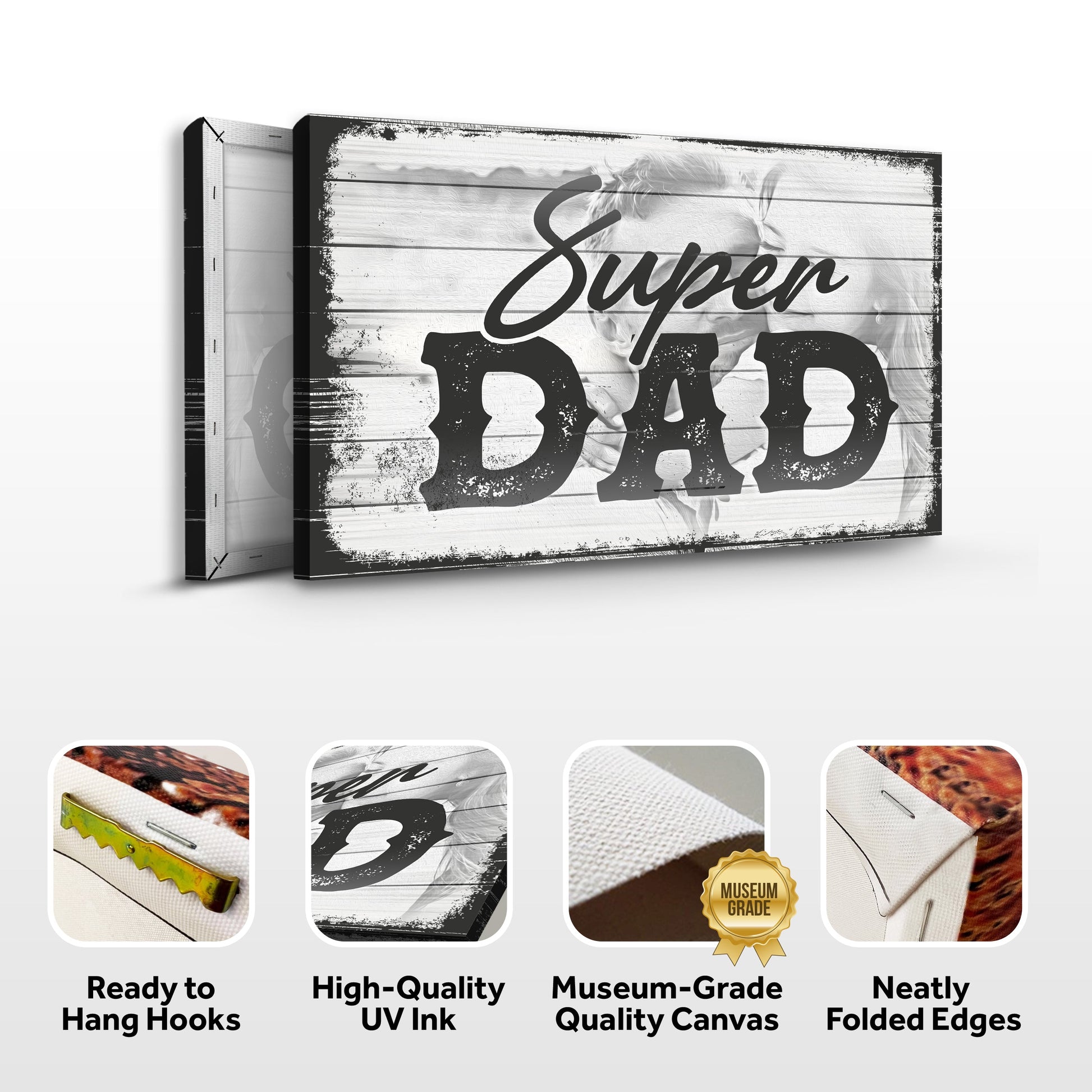 Super Dad Happy Father's Day Sign canvas on weathered wood with bold black lettering on Tampa Home & Garden Store