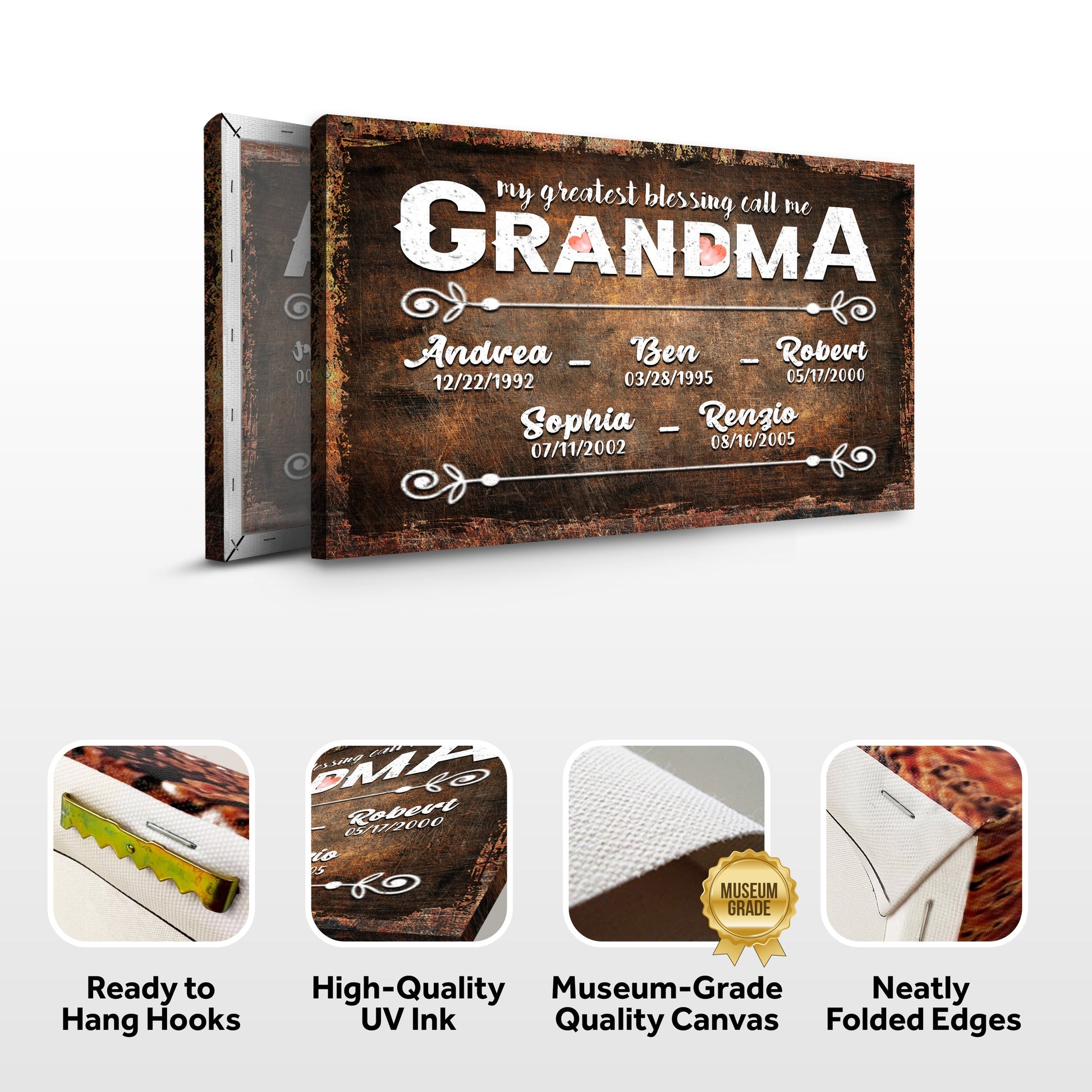 Canvas sign with brown texture reading My Greatest Blessing Call Me Grandma and names beneath on Tampa Home & Garden Store