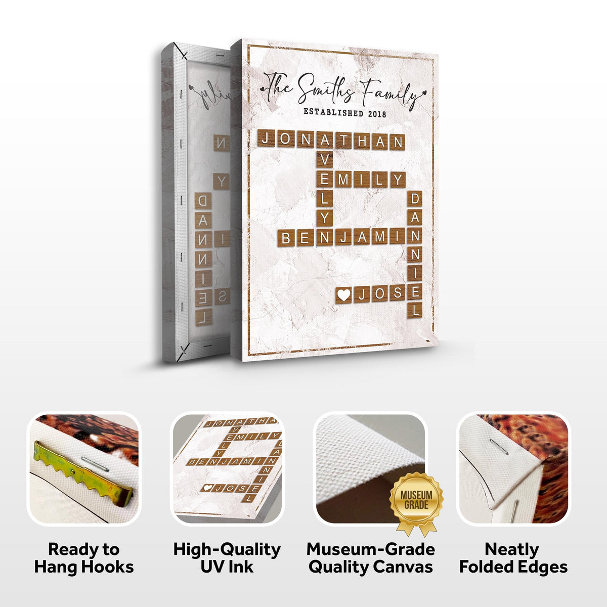 Canvas Scrabble Family Names Sign by Tailored Canvases with letter tiles spelling family names on Tampa Home & Garden Store