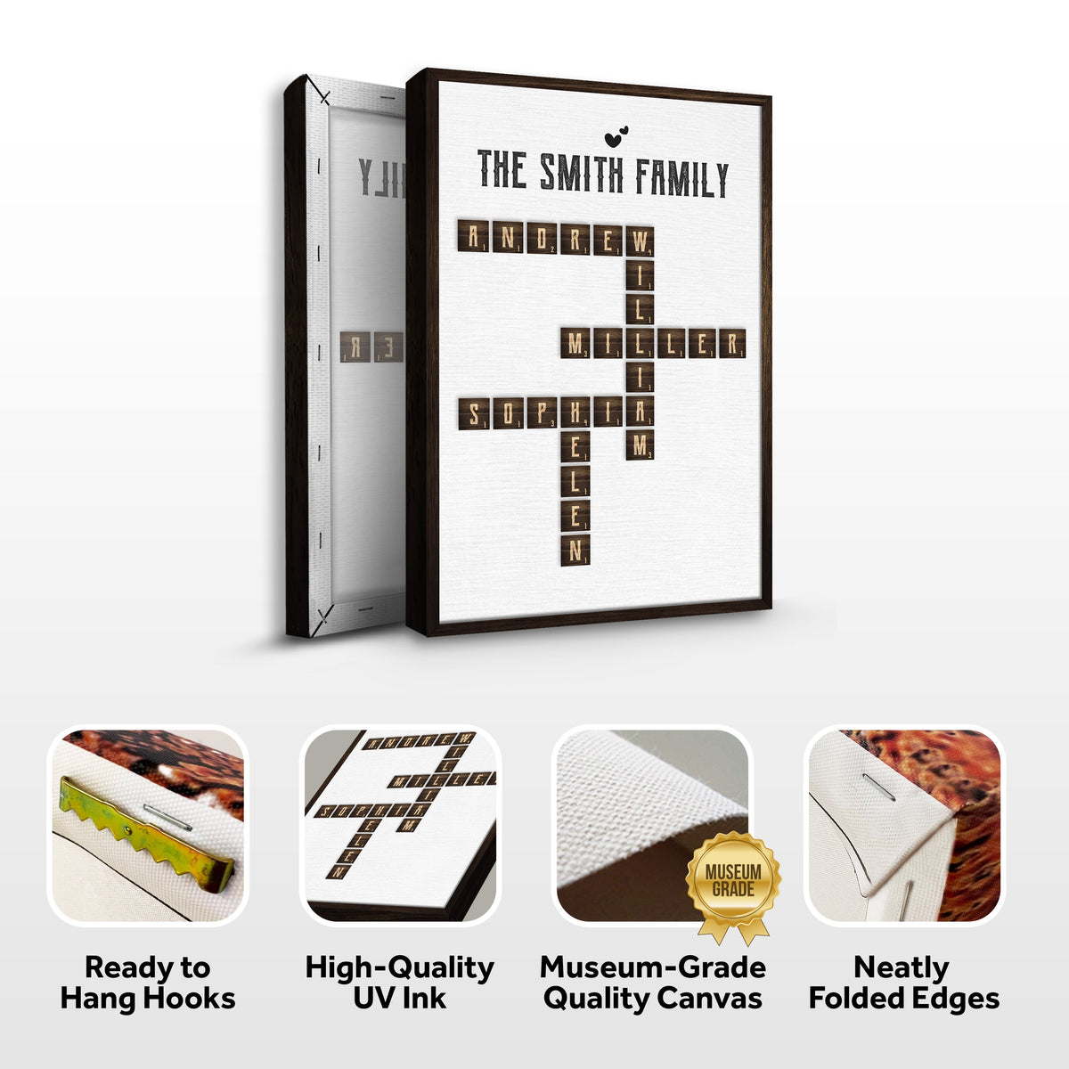 Scrabble family name sign canvas with dark wood frame and tile letters ANDREW MILLER on Tampa Home & Garden Store