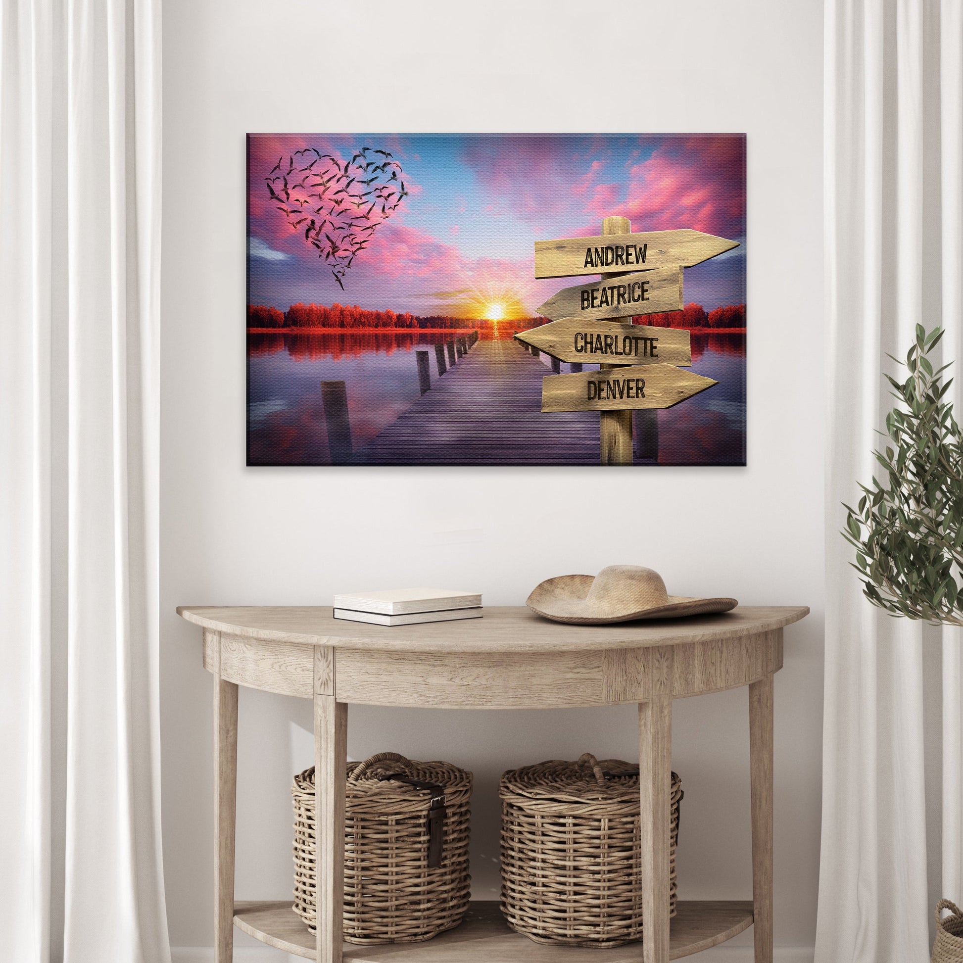 Family Name Sunset Sign canvas with signpost listing Andrew, Beatrice, Charlotte, Denver on Tampa Home & Garden Store
