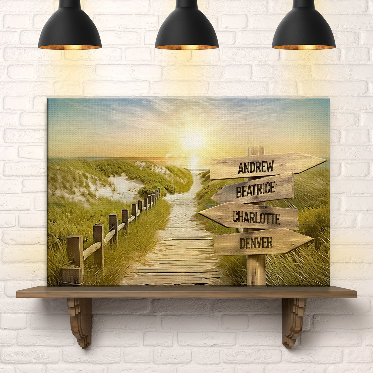 Family Name Sunrise Sign canvas wall art with sunrise coastal scene and wooden signposts on Tampa Home & Garden Store