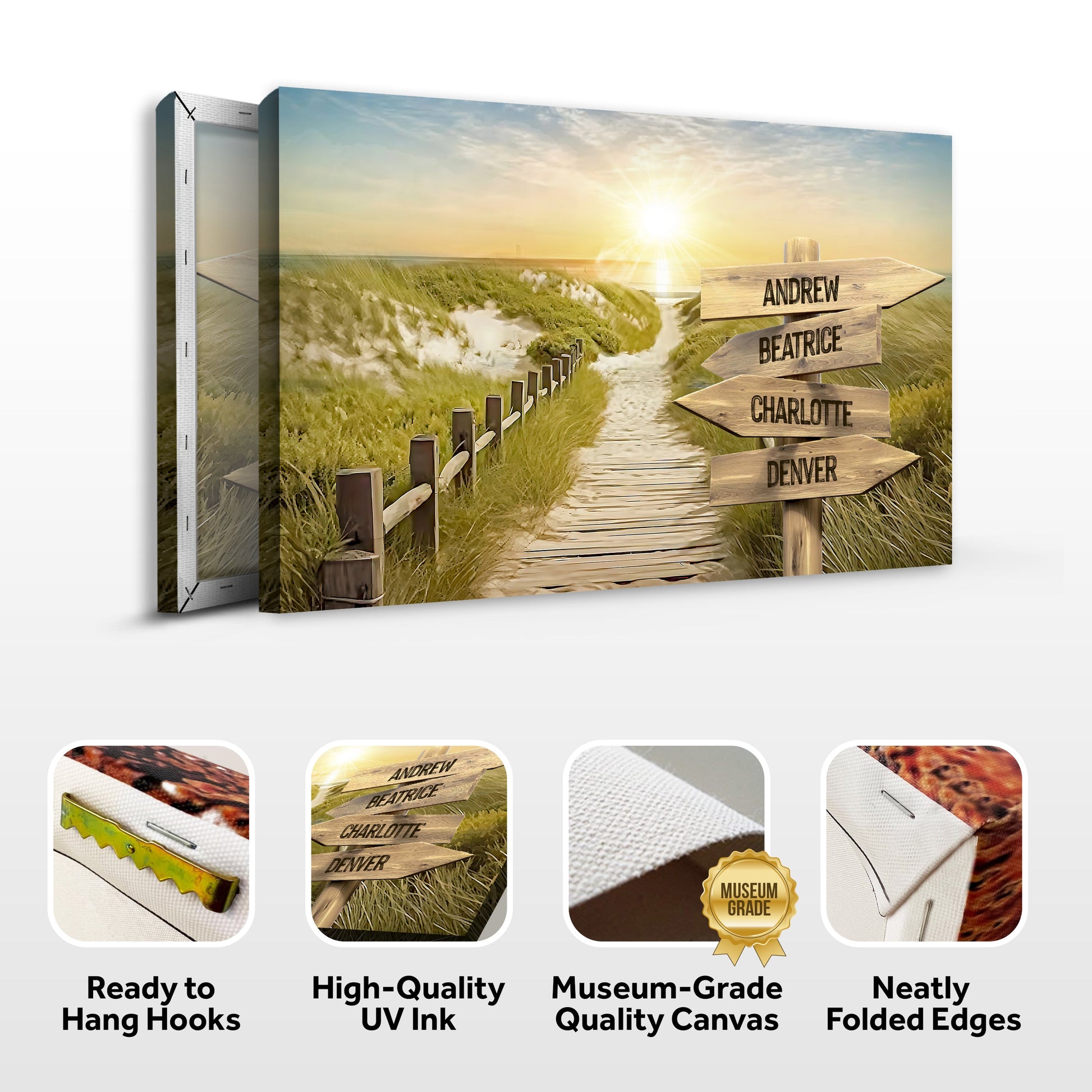 Family Name Sunrise Sign canvas by Tailored Canvases; wooden signpost with names Andrew Beatrice on Tampa Home & Garden Store
