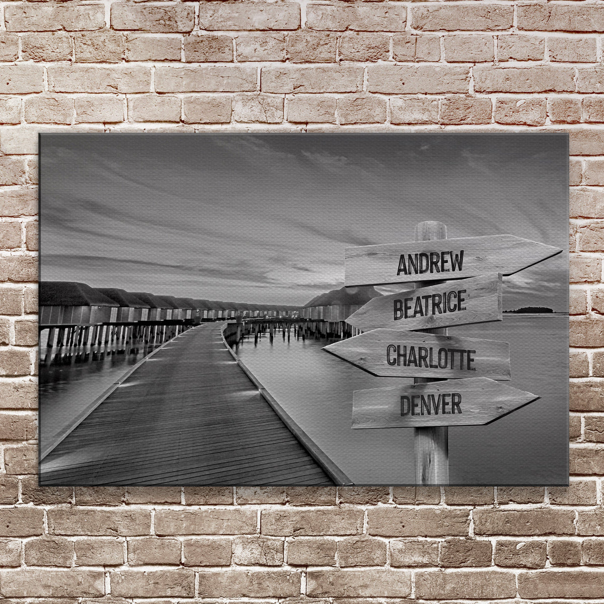 Family Names Monochrome Ocean Dock Sign canvas by Tailored Canvases featuring four names on Tampa Home & Garden Store