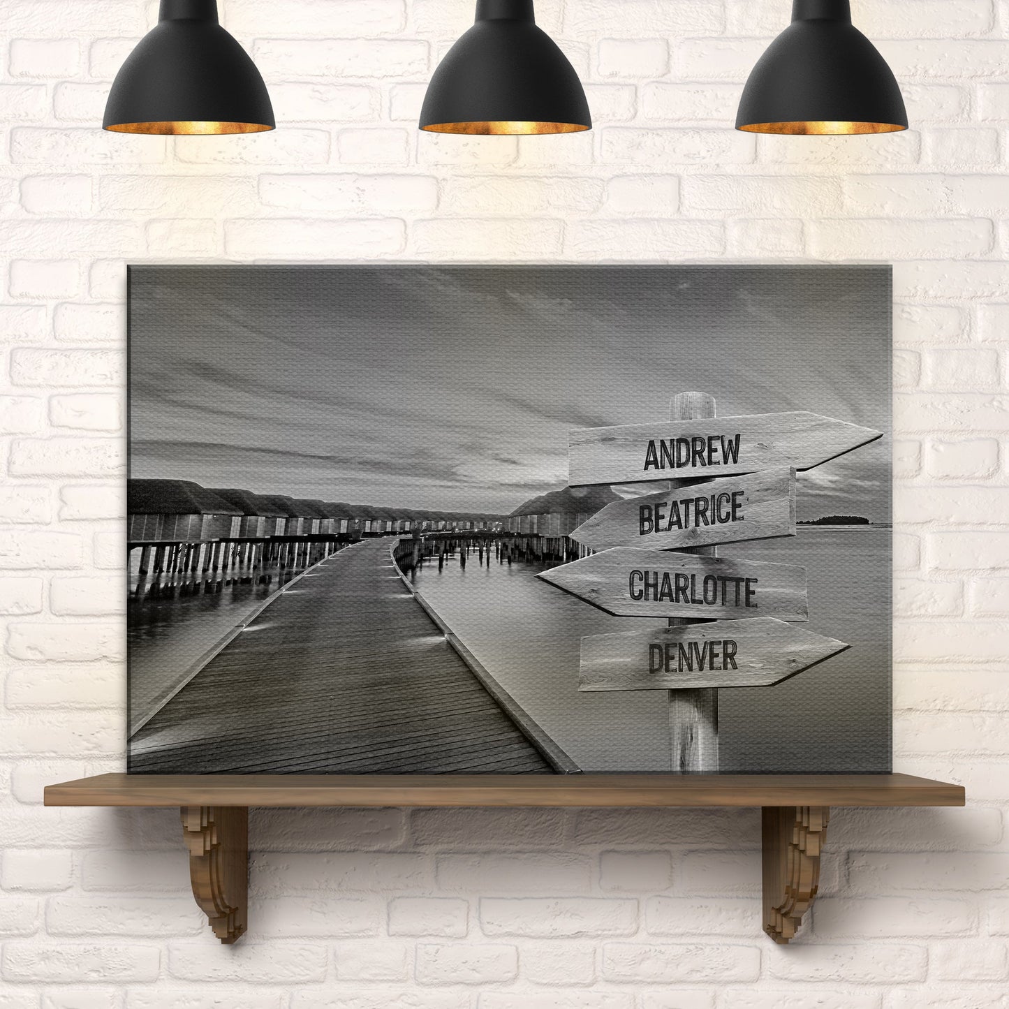 Family Names Monochrome Ocean Dock Sign canvas with four name panels Tailored Canvases on Tampa Home & Garden Store