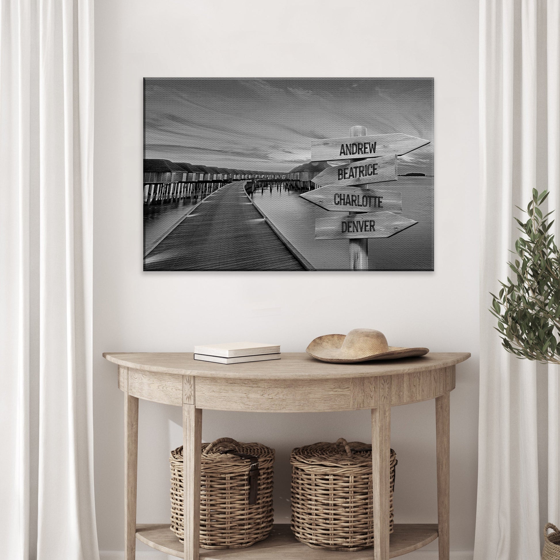 Family Names Monochrome Ocean Dock Sign canvas with grayscale coastal signpost on Tampa Home & Garden Store