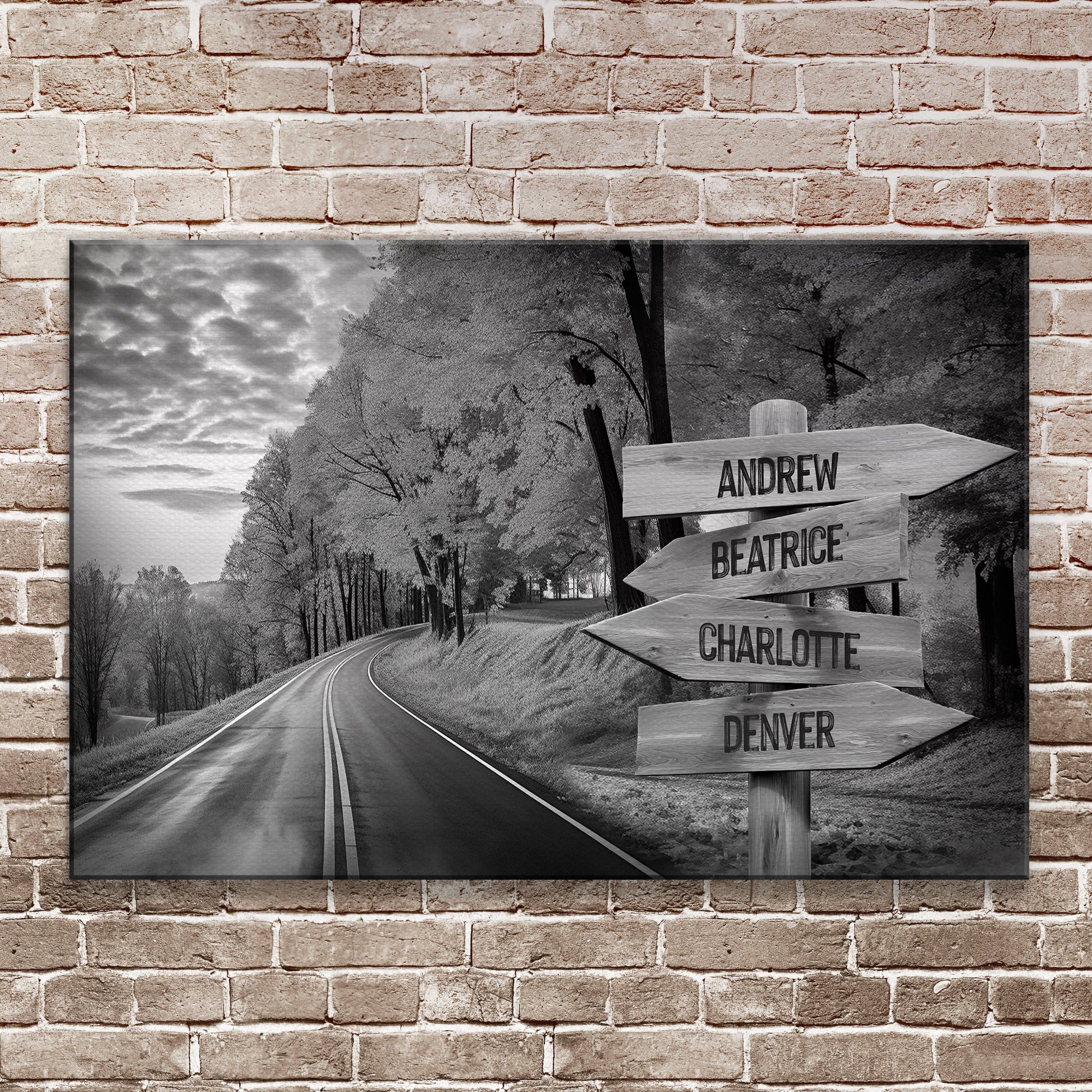 Canvas print Family Names Monochrome Roads Sign grayscale road scene with arrow signs on Tampa Home & Garden Store