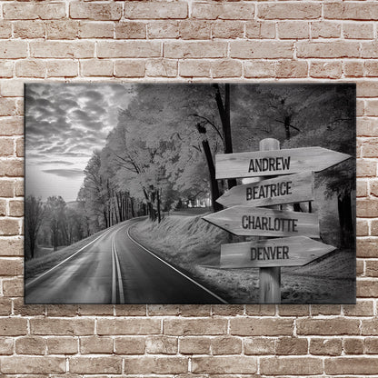 Canvas print Family Names Monochrome Roads Sign grayscale road scene with arrow signs on Tampa Home & Garden Store
