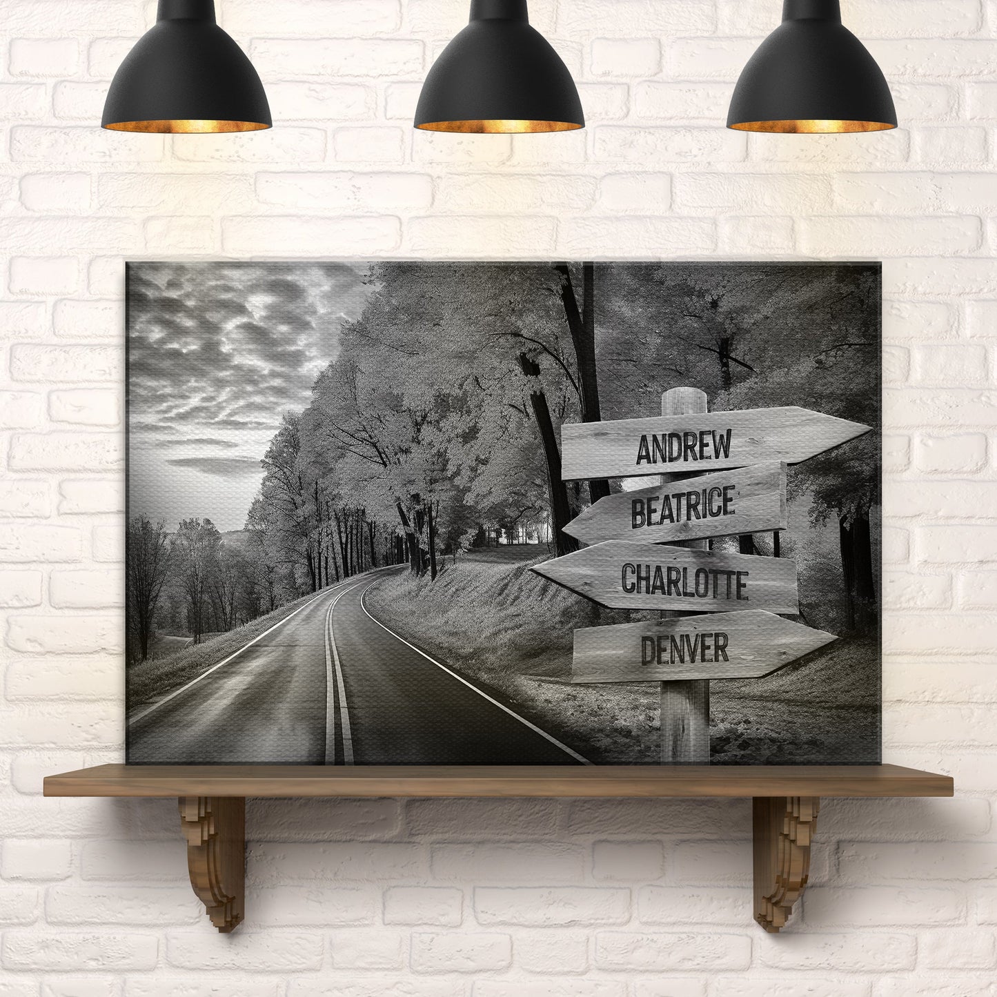 Family Names Monochrome Autumn Roads Sign canvas by Tailored Canvases with grayscale signpost on Tampa Home & Garden Store