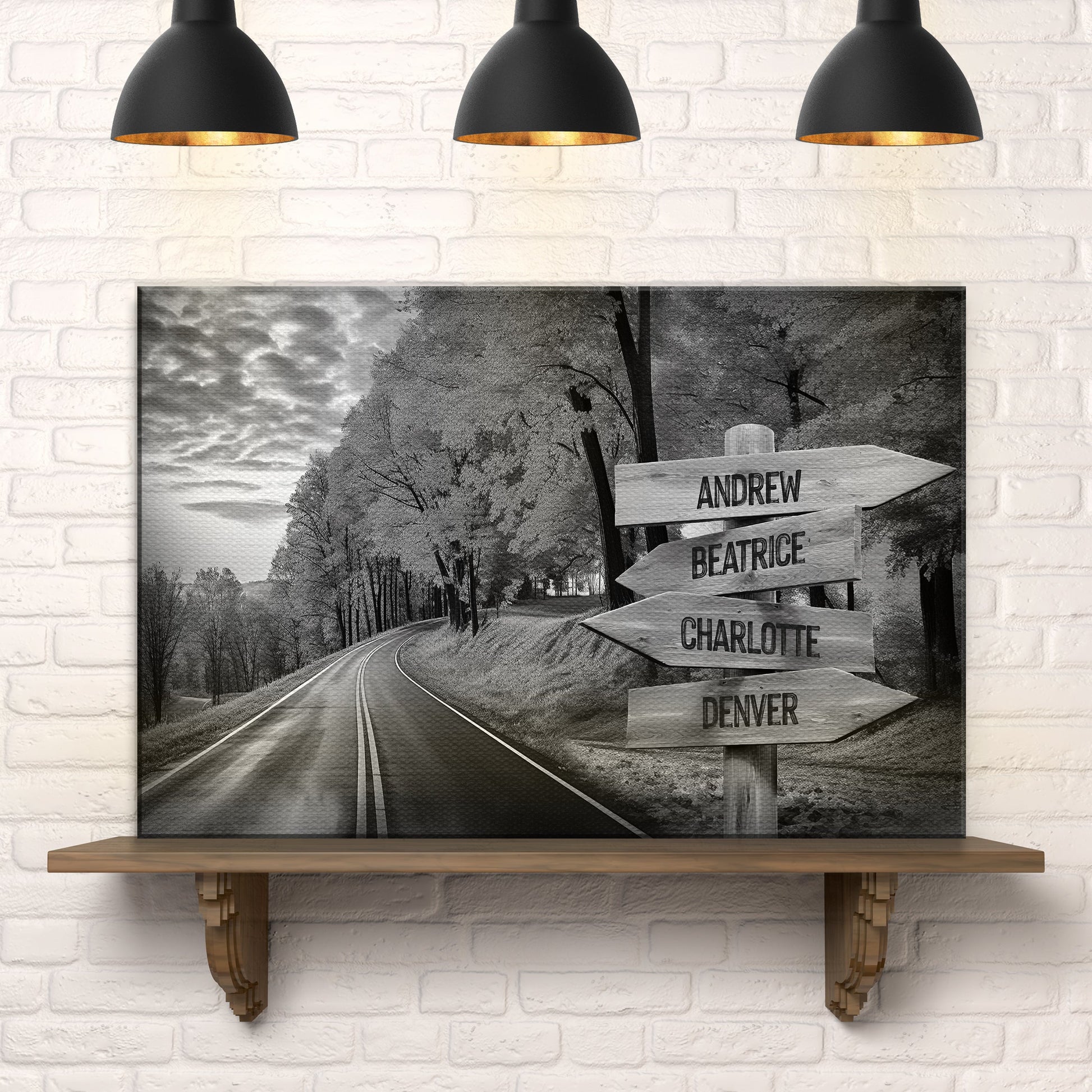 Family Names Monochrome Autumn Roads Sign canvas by Tailored Canvases with grayscale signpost on Tampa Home & Garden Store