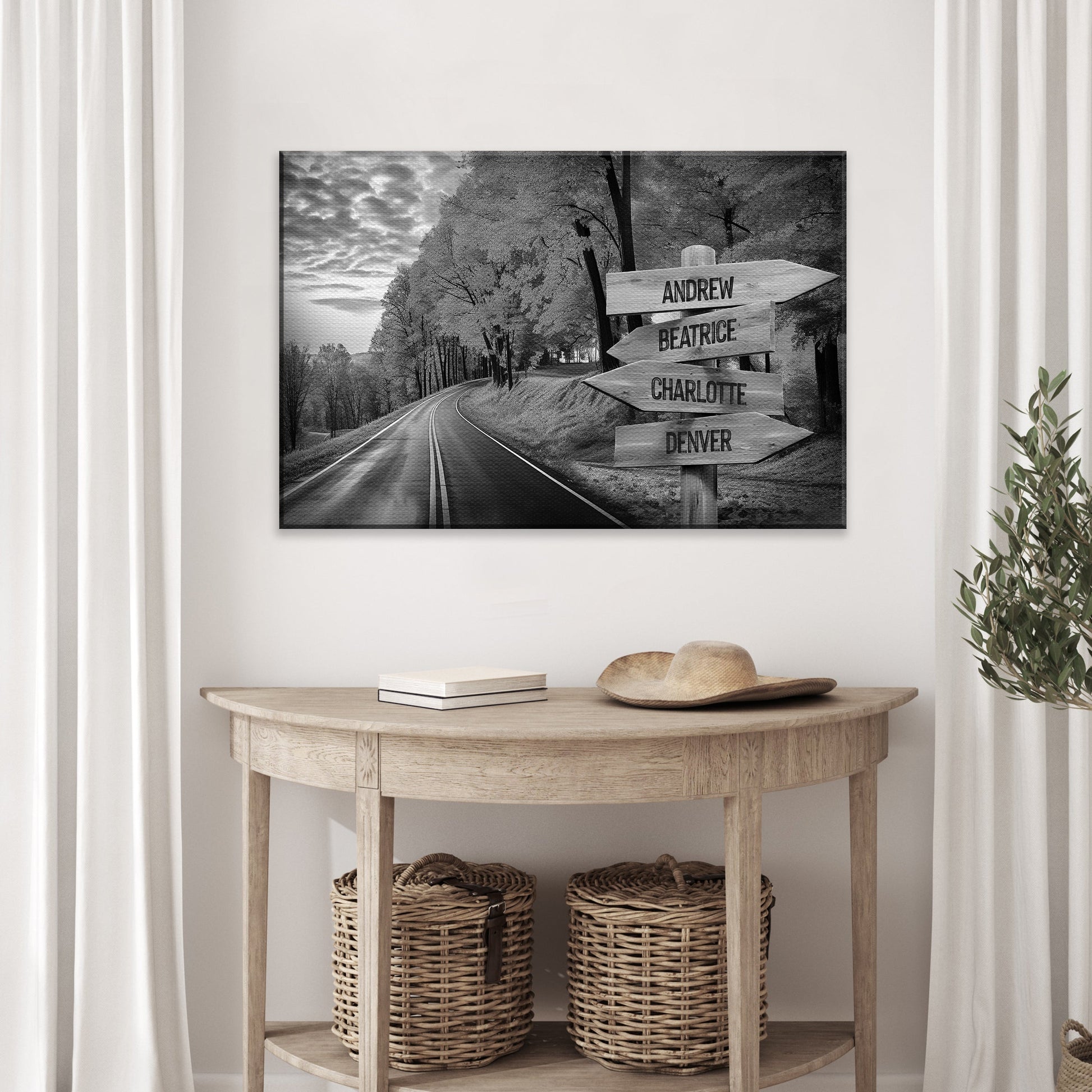 Family Names Monochrome Autumn Roads Sign canvas print with Andrew Beatrice Charlotte Denver on Tampa Home & Garden Store