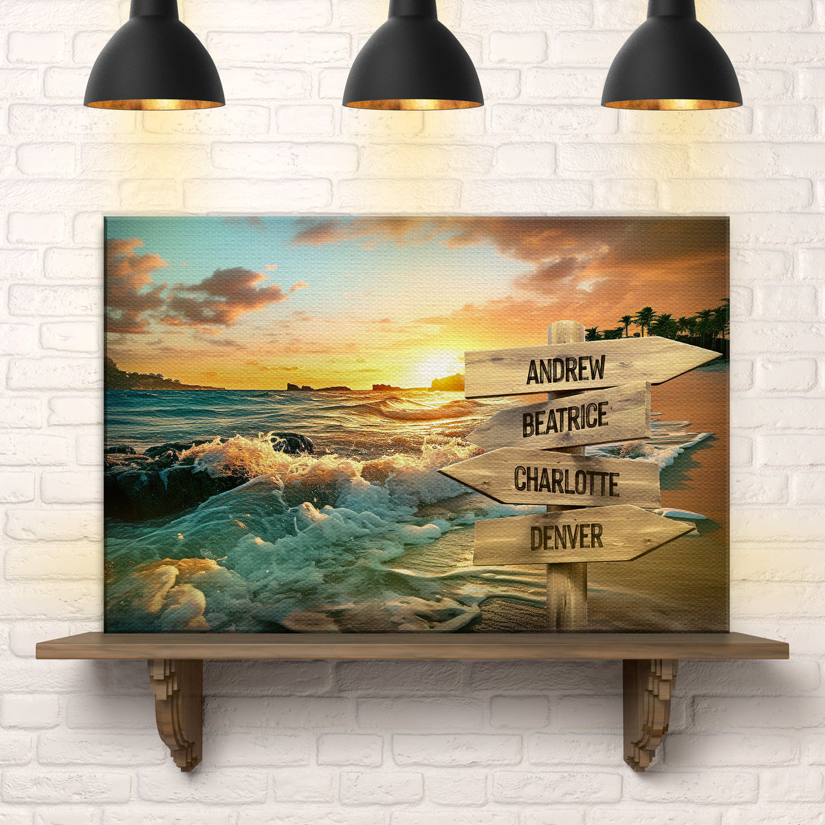 Family Name Ocean Sunset Sign canvas with beach scene and wooden directional signs on Tampa Home & Garden Store
