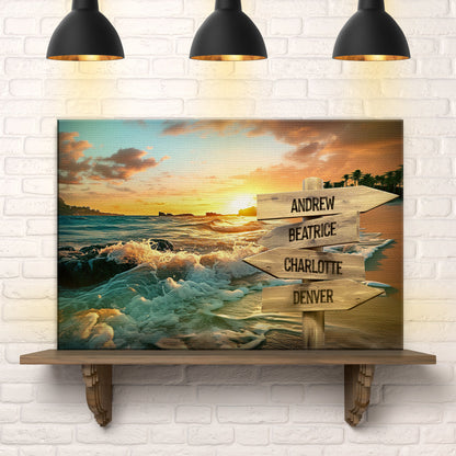 Family Name Ocean Sunset Sign canvas with beach scene and wooden directional signs on Tampa Home & Garden Store