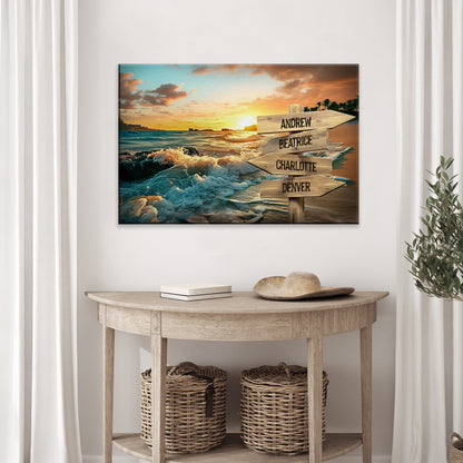 Family Name Ocean Sunset Sign canvas by Tailored Canvases with signpost showing names on Tampa Home & Garden Store