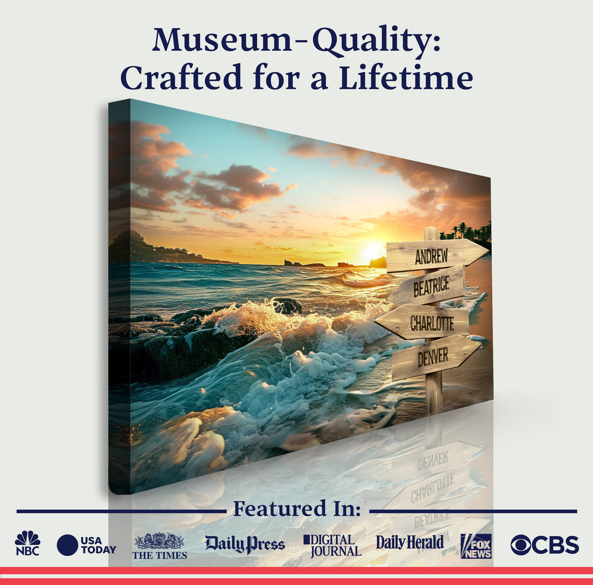 Family Name Ocean Sunset Sign canvas with sunset ocean scene and wooden directional signs on Tampa Home & Garden Store