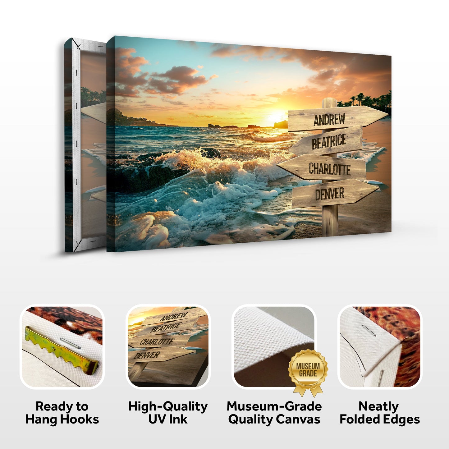 Family Name Ocean Sunset Sign canvas with beach sunset and wooden directional signs on Tampa Home & Garden Store