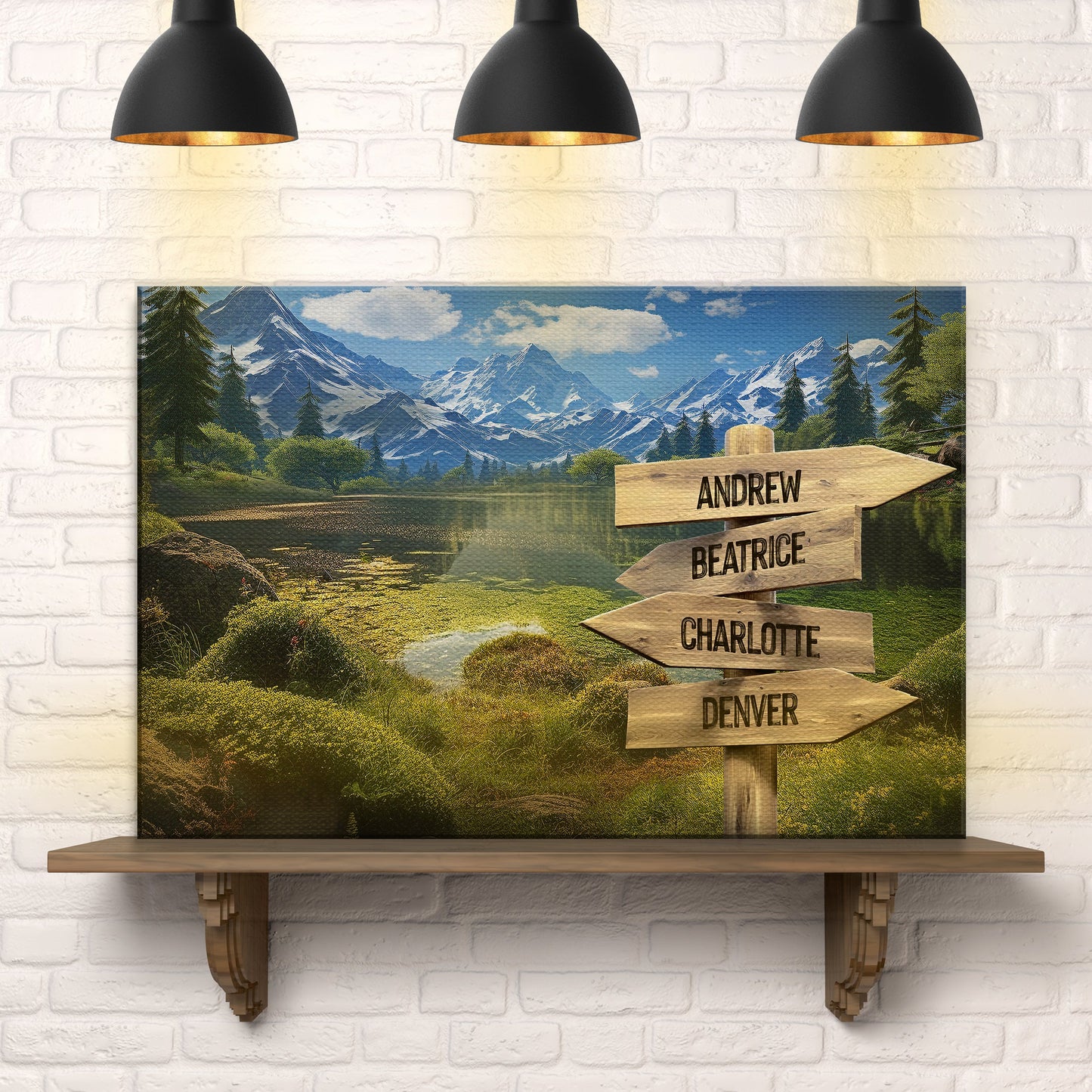 Family Names Mountain Sign canvas artwork featuring a mountain landscape and wooden name signs on Tampa Home & Garden Store