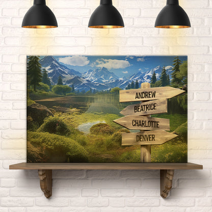 Family Names Mountain Sign canvas artwork featuring a mountain landscape and wooden name signs on Tampa Home & Garden Store