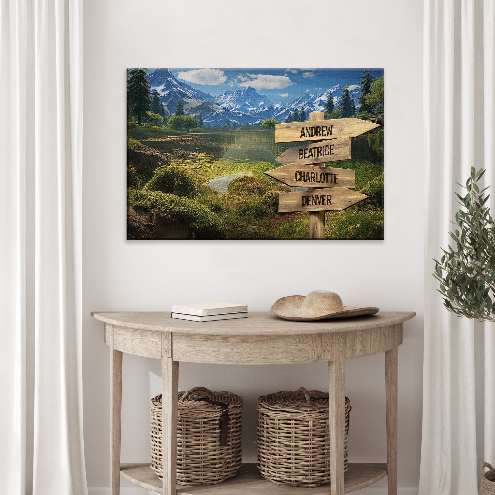 Family Names Mountain Sign canvas with alpine mountains and wooden signposts on Tampa Home & Garden Store