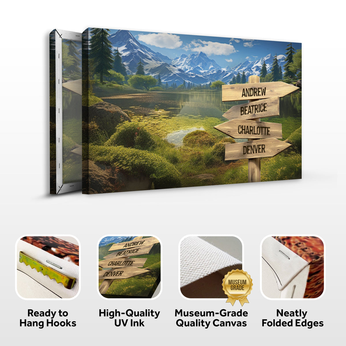 Family Names Mountain Sign canvas by Tailored Canvases with mountain scenery and signpost on Tampa Home & Garden Store