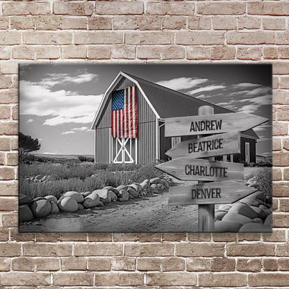 Family Names American Barn Sign canvas by Tailored Canvases with barn and American flag on Tampa Home & Garden Store