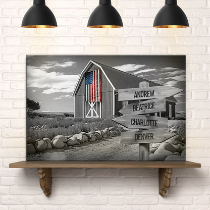 Family Names American Barn Sign canvas by Tailored Canvases, barn with flag and name signs on Tampa Home & Garden Store