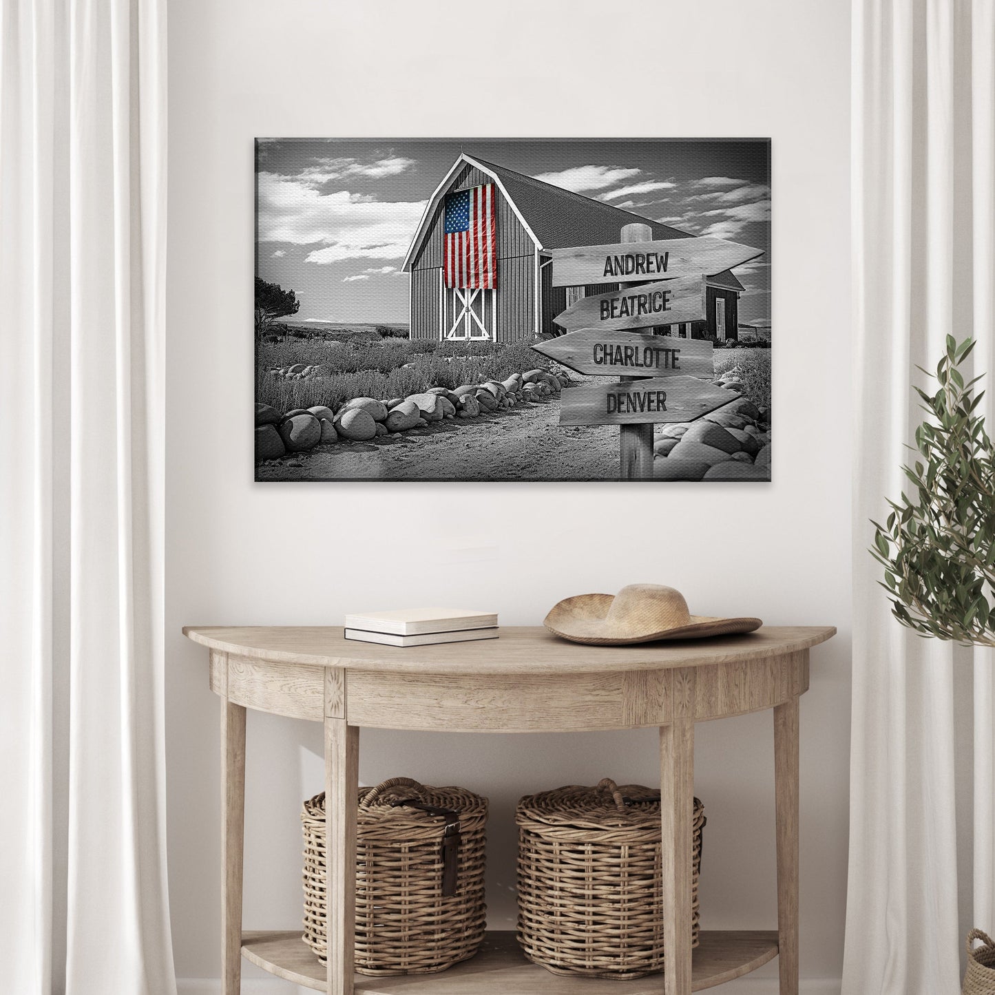 Family Names American Barn Sign canvas by Tailored Canvases with barn scene and four signs on Tampa Home & Garden Store