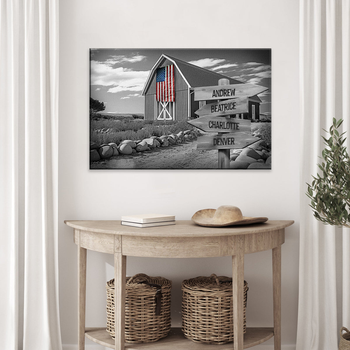 Family Names American Barn Sign canvas by Tailored Canvases with barn scene and four signs on Tampa Home & Garden Store