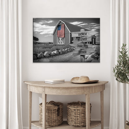 Family Names American Barn Sign canvas by Tailored Canvases with barn scene and four signs on Tampa Home & Garden Store