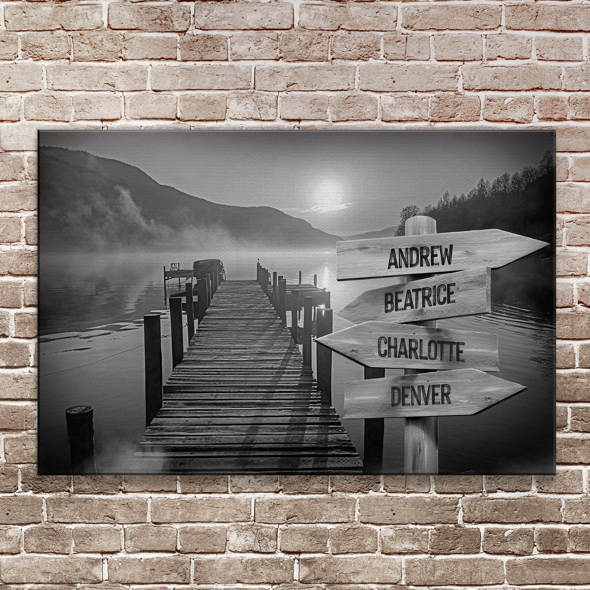 Family Names Lake Dock Sign canvas by Tailored Canvases, monochrome dock scene on Tampa Home & Garden Store