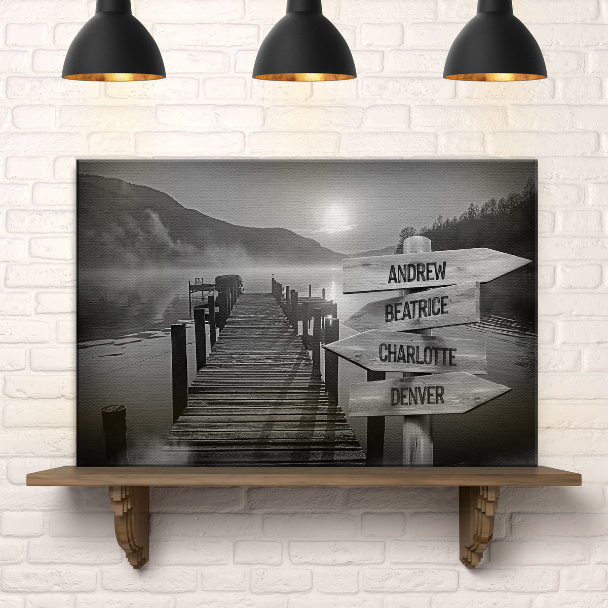 Family Names Lake Dock Sign canvas by Tailored Canvases, grayscale lakeside dock scene on Tampa Home & Garden Store