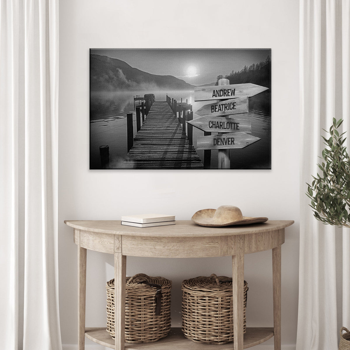 Family Names Lake Dock Sign canvas print grayscale with dock and signpost Tailored Canvases on Tampa Home & Garden Store