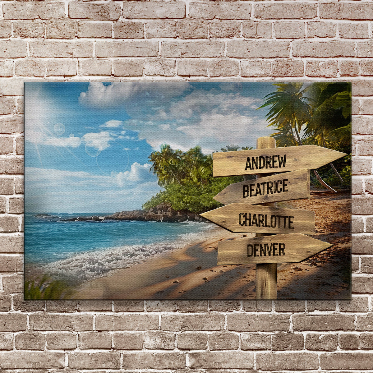Family Names Ocean Breeze Sign canvas Canvases; beach with palm trees and four name boards on Tampa Home & Garden Store