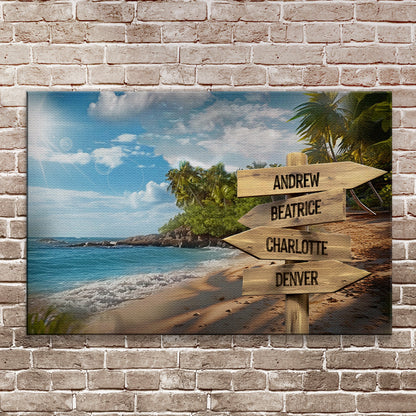 Family Names Ocean Breeze Sign canvas Canvases; beach with palm trees and four name boards on Tampa Home & Garden Store