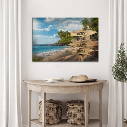 Canvas Family Names Ocean Breeze Sign with directional boards on a tropical beach scene on Tampa Home & Garden Store