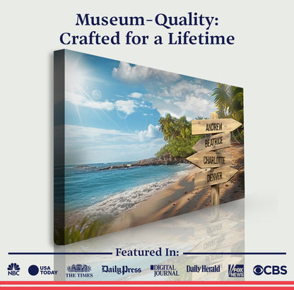 Family Names Ocean Breeze Sign canvas with tropical beach scene and name signs on Tampa Home & Garden Store