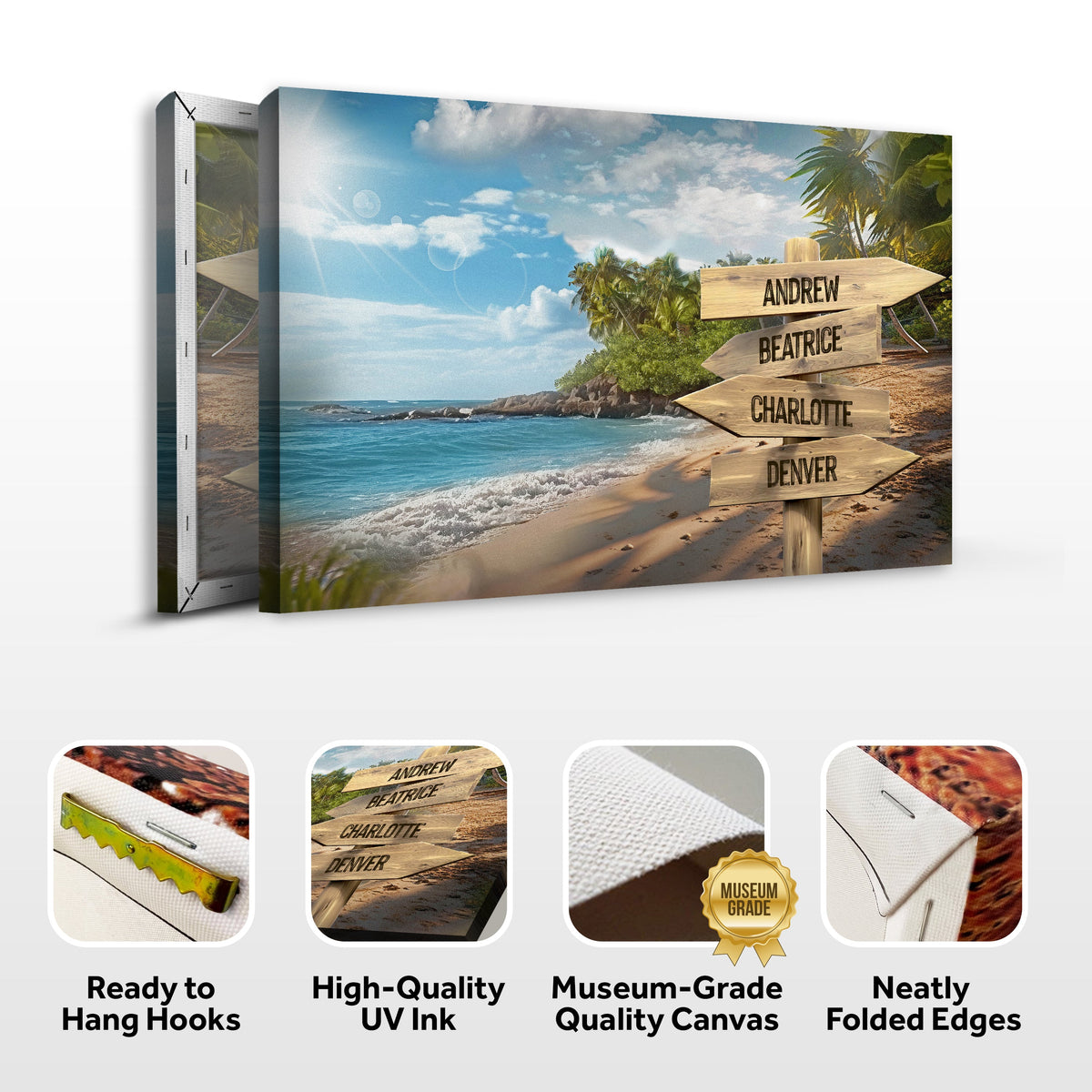 Family Names Ocean Breeze Sign canvas print with a wooden signpost bearing names on a sunny beach on Tampa Home & Garden Store