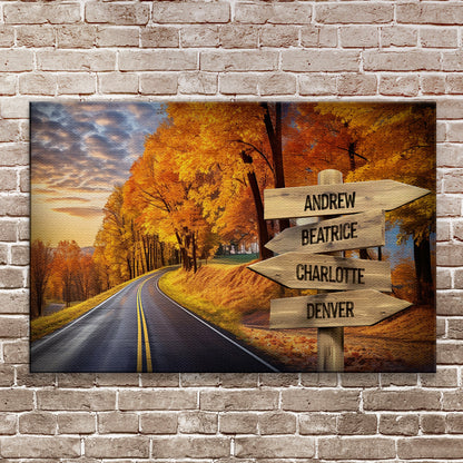 Family Names Autumn Road Sign canvas with autumn trees and wooden name arrows Tailored Canvases on Tampa Home & Garden Store