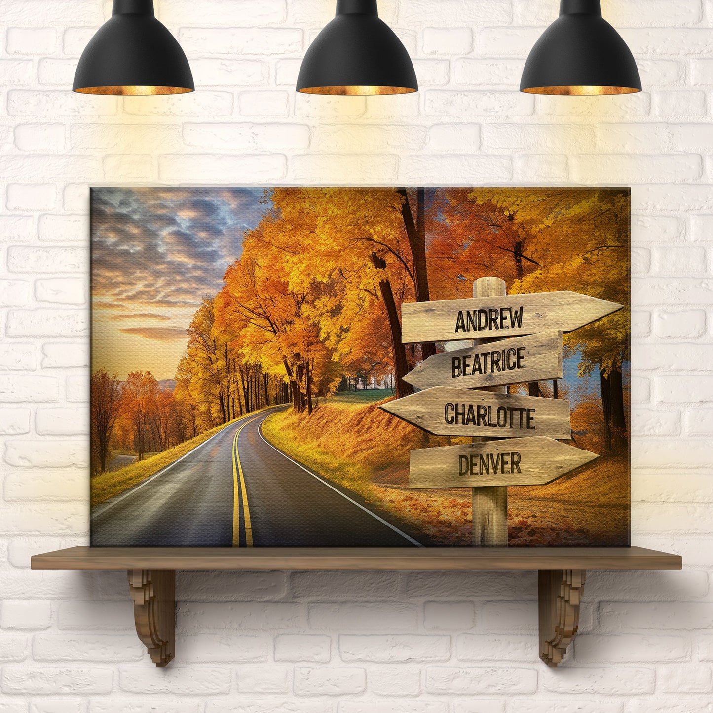 Family Names Autumn Road Sign canvas by Tailored Canvases with autumn road scene on Tampa Home & Garden Store