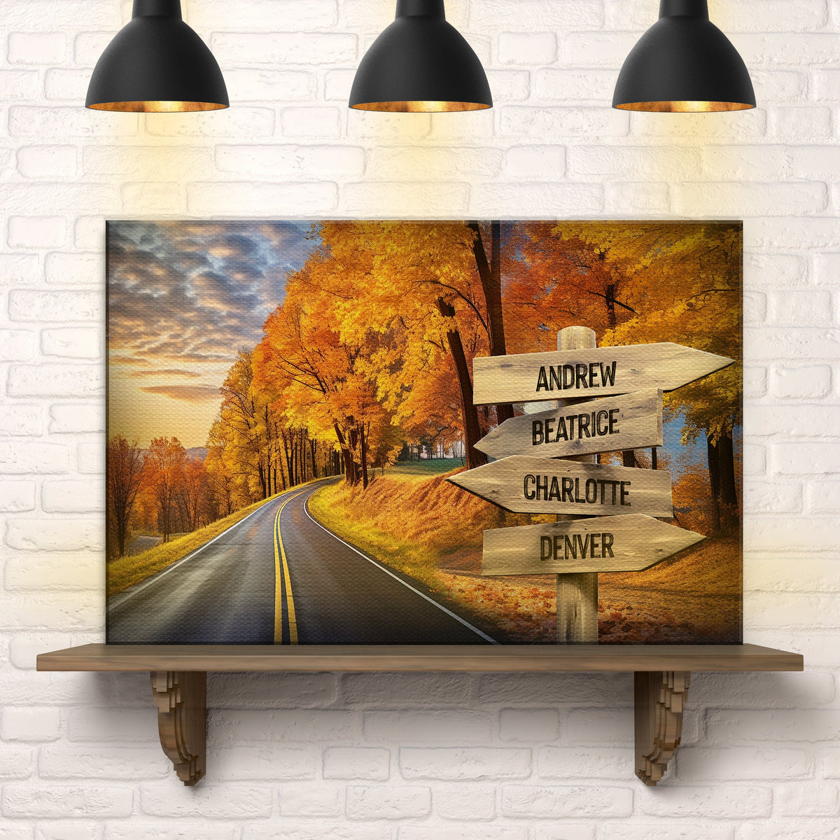 Family Names Autumn Road Sign canvas by Tailored Canvases with autumn road scene on Tampa Home & Garden Store