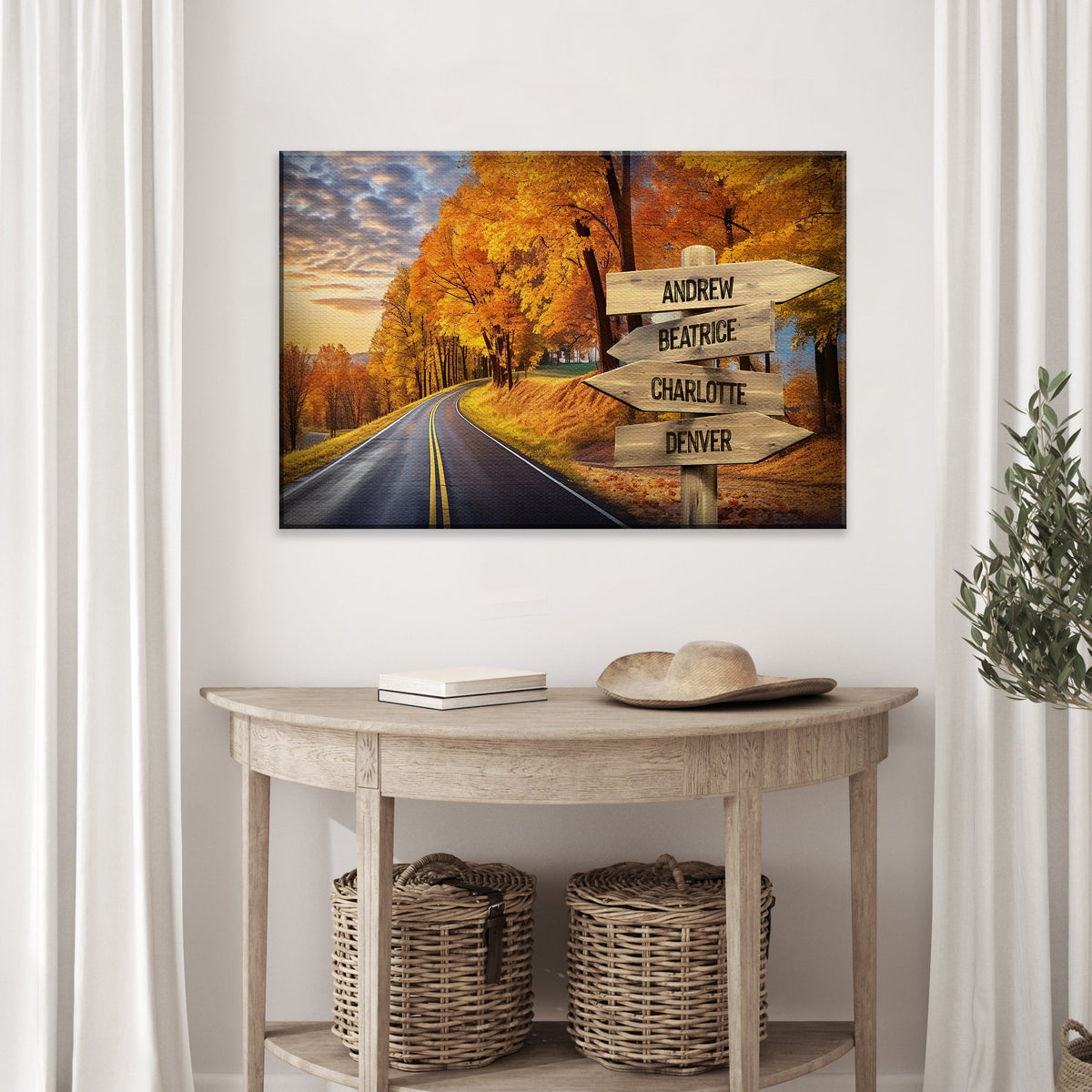 Family Names Autumn Road Sign Canvas by Tailored Canvases with four signs and orange leaves on Tampa Home & Garden Store