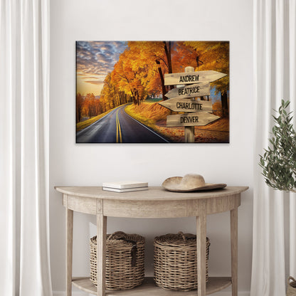 Family Names Autumn Road Sign Canvas by Tailored Canvases with four signs and orange leaves on Tampa Home & Garden Store