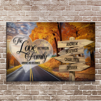 Love Between Family Names Sign canvas with autumn road scene and sign names Beatrice Charlotte on Tampa Home & Garden Store