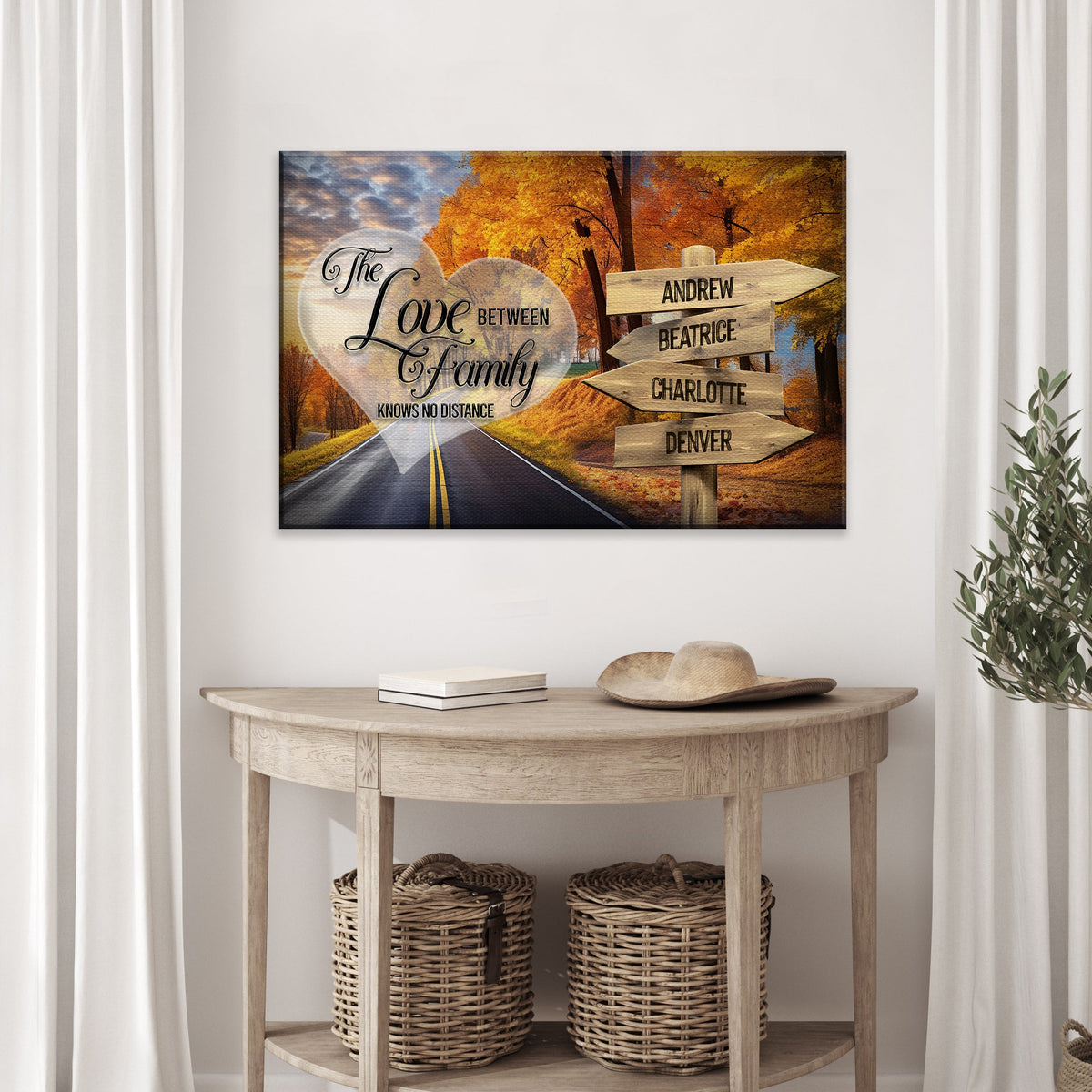 Love Between Family canvas sign with heart graphic on autumn road and wooden arrows on Tampa Home & Garden Store