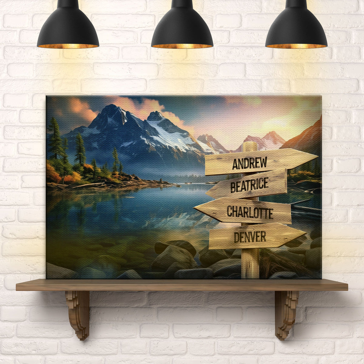 Mountain Sunrise family names sign on canvas by 4 name boards in mountain scene on Tampa Home & Garden Store