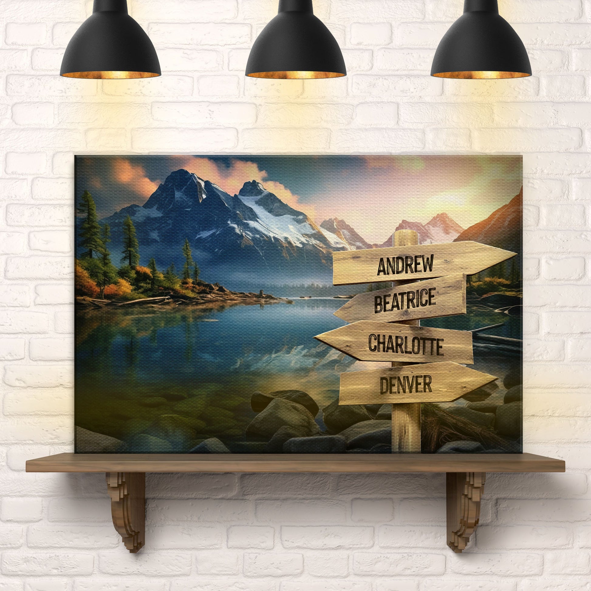 Mountain Sunrise family names sign on canvas by 4 name boards in mountain scene on Tampa Home & Garden Store